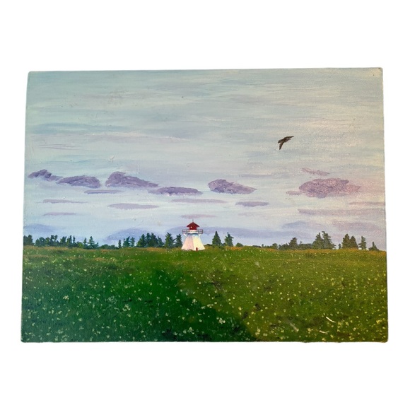 16 x 12 Original Lighthouse island PEI acrylic on canvas painting field sky bird - Picture 2 of 7